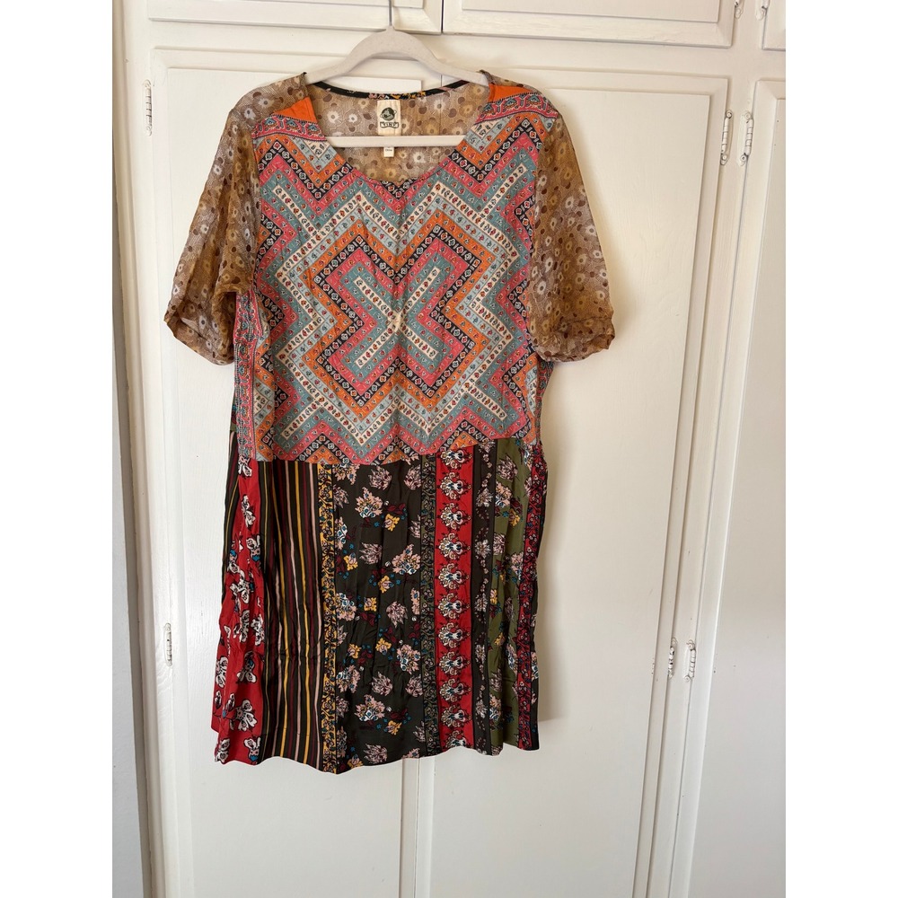Anthropologie Tiny BOHO Mixed Print Patchwork Mini Dress Womens Large Boho Red